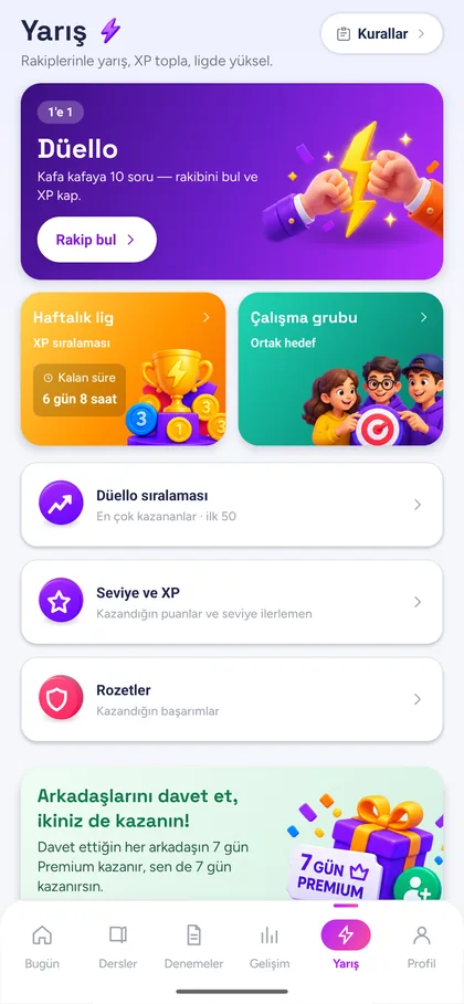 Kadrom KPSS uygulaması — Yarış ekranı